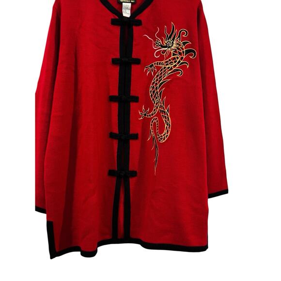 Bob Mackie Wearable Art Women’s Red Cardigan Black Trim Embroidered Dragon: 1X - Picture 2 of 7
